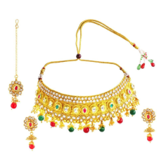 Indian Bollywood Traditional 14 K Gold Plated Multicolor Kundan Necklace Mekar