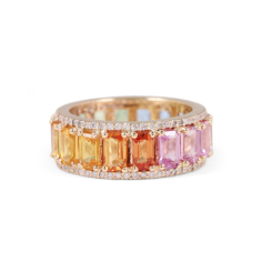 Solid 14K Yellow Gold Natural Pave Diamond Baguette Multi Sapphire Rings Mekar