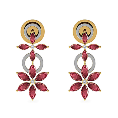 18k Solid Gold Genuine Ruby Gemstone & Diamond Floral Stud Earrings