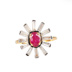 14k Solid Gold Ruby Top Design Jewelry Diamond Baguette Starburst  Diamond Rings