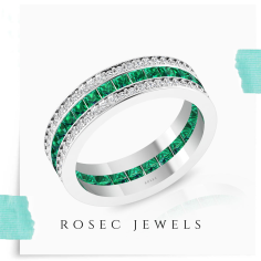 Emerald Diamond Full Eternity Ring, Wide Diamond Gemstone Band Manufacturer