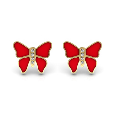 18k Solid Yellow Gold Kids Butterfly Shape Stud Earrings Red Enamel Supplier