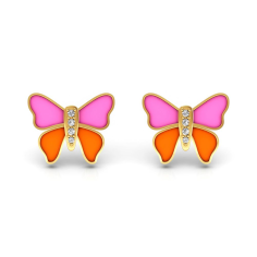 18k Solid Gold Kids Pink Enamel Butterfly Stud Earrings Diamond Enamel Supplier