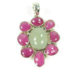 925 Sterling Silver Natural Glass Filled Red RUBY & Aquamarine Pendant Supplier