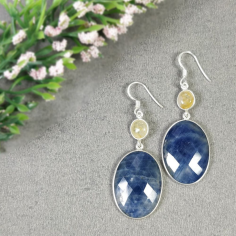 Sterling Silver Natural Sapphire Checker Cut 2.25" Drop Dangle Hook Ear Earrings