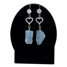 Wholesaler Natural Aquamarine Rough Pave CZ Heart Dangle Silver Earrings