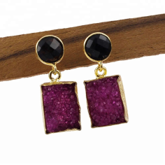 Gold Plated Gemstone Black Onyx & Pink Agate Druze Handmade Supplier