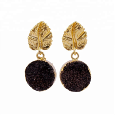 Black Agate Druze gemstone earrings gold plated Supplier