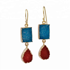 Gold Electroplated Natural Sky Blue & Red Agate Druze Gemstone Earring Supplier