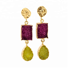 Gemstone Natural Pink / Yellow Agate Druze Gold Plated Drop Earring  Vendor