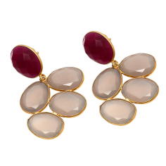 Gray Chalcedony & Dyed Ruby Gemstone Bezel Setting gold Earring Exporter