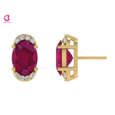 Ruby & Diamond Yellow Gold Earring Semi Halo Studs Certified Jewelry Exporter