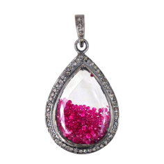 925 Silver Natural Pave Diamond Crystal Quartz Ruby Shaker Pendent Supplier