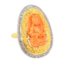 14k Gold Diamond Coral Carving Buddha Ring Silver Carved Gemstone supplier