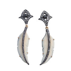 Gold Diamond Pave Diamond Gemstone Carving Feather Earrings  supplier