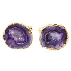 Natural Milky Blue Geode Druze Yellow Gold Plated Cufflinks Supplier