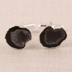 Natural Petrol Black Geode Druze Silver Plated Cufflinks Supplier