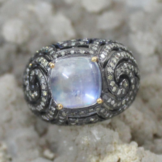 Silver Ring Rainbow Moonstone With Diamond Unique Design Exporter