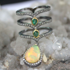 Sterling Silver opal and Emerald With Diamond Unique Design Silver Ring Exporter