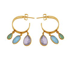 Rose Aqua Prehnite Chalcedony Gemstone Gold Plated Silver Hoop Earrings Exporter