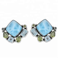 Larimar Blue Topaz Peridot Multi Shape Gemstone Silver Stud Earrings Exporter