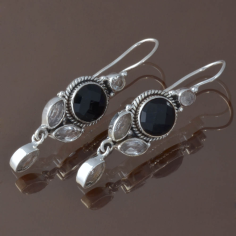 Handcrafted Black Onyx and Crystal Gemstone 925  Silver Earring Exporter