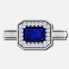 Emerald Cut Blue Sapphire With Halo Bridal Ring Supplier