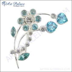 Vintage Blue Topaz & Cz Gemstone Silver Brooch Supplier