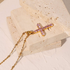 18K Gold Plated Stainless Steel Pink Zircon Cross Pendant Wholesaler