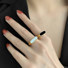 18K Gold Plated Stainless Steel Jewelry Black Enamel Ring Wholesaler