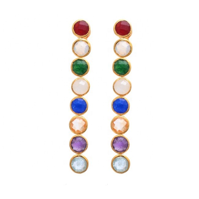 Round Multi Gemstone Silver Long Rainbow Stud Earrings Manufacturer