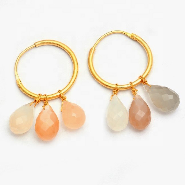 Multi peach Moonstone Drops Silver Gold Hoop Earrings Manufacturer
