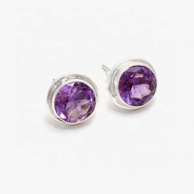 Wholesaler Faceted Round Shape Purple Amethyst 925 Sterling Silver Stud Earrings
