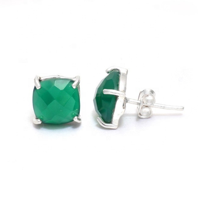 Wholesaler Faceted Green Onyx Gemstone 925 Sterling Silver Prong Stud Earrings