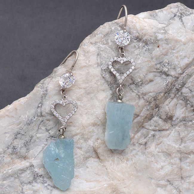 Wholesaler Natural Aquamarine Rough Pave CZ Heart Dangle Silver Earrings