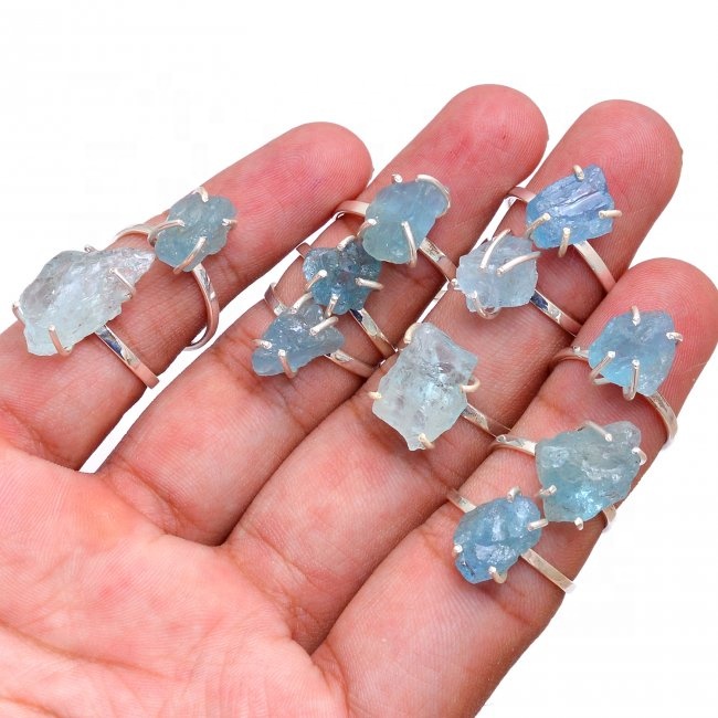Sterling Silver Prong Setting Aquamarine Gemstone Rings Jewelry Supplier