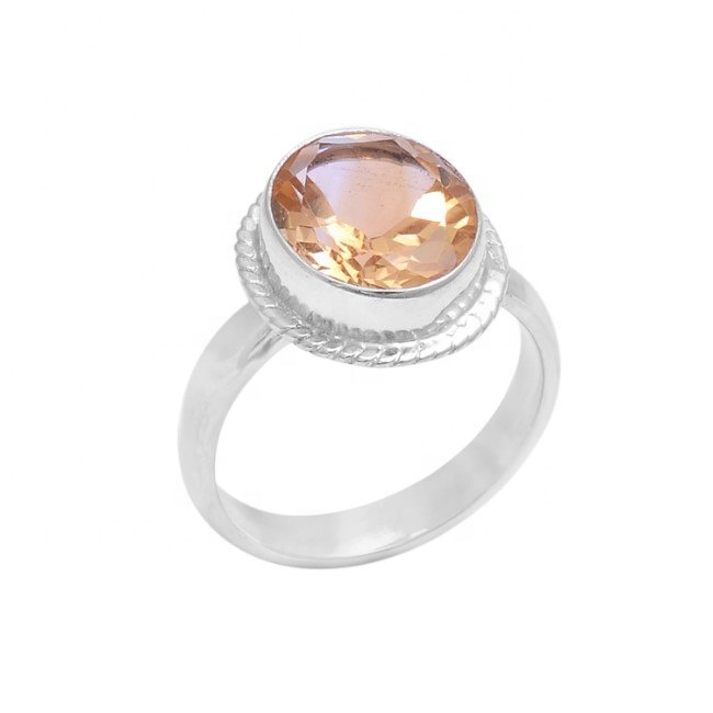 Round Faceted Yellow Citrine Sterling Silver Gemstone Ring Supplier