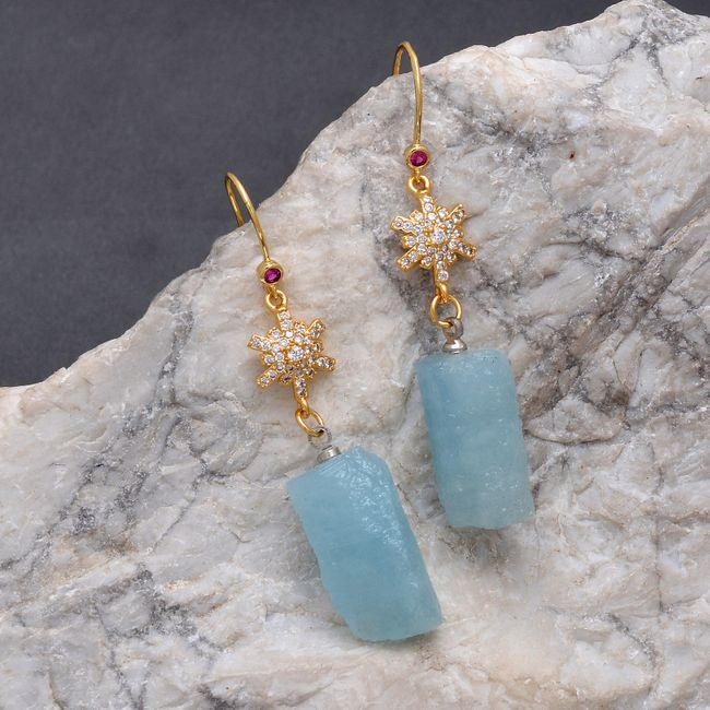 Wholesaler Silver Gold Plated Aquamarine Rough CZ Gemstone Long Dangle Earrings