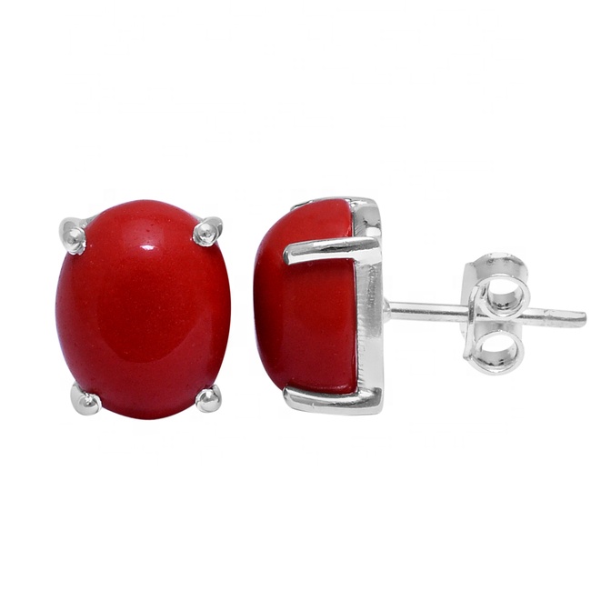 Handmade Jewelry Prong Set Sterling Silver Red Coral Stud Oval Gemstone Supplier