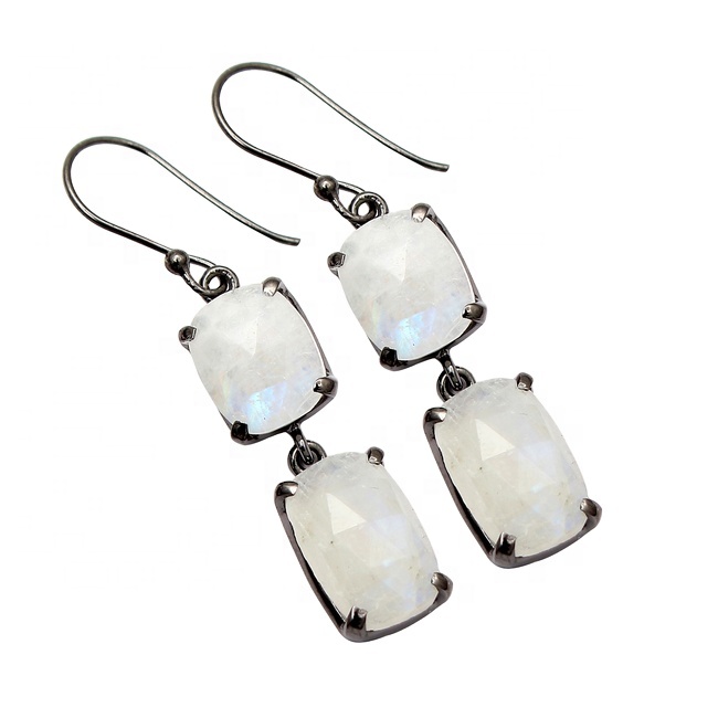 High Quality Rainbow Moonstone Black Rhodium Dangle Hook Earrings Supplier