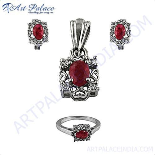 Dyed Ruby & Cubic Zirconia Silver Jewelry Set Exporter