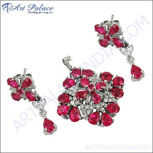 Party Wear Red Cubic Zirconia Gemstone Silver Pendant Set Exporter