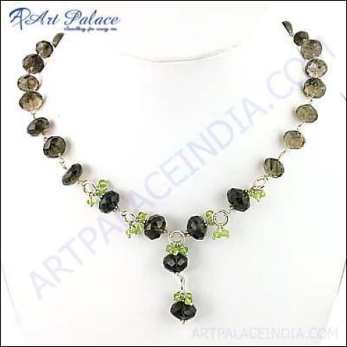 Pretty Peridot & Smokey Quartz Gemstone Silver Necklace Exporter