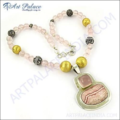 Rhodochrosite & Rose Quartz Gemstone Silver Necklace Exporter