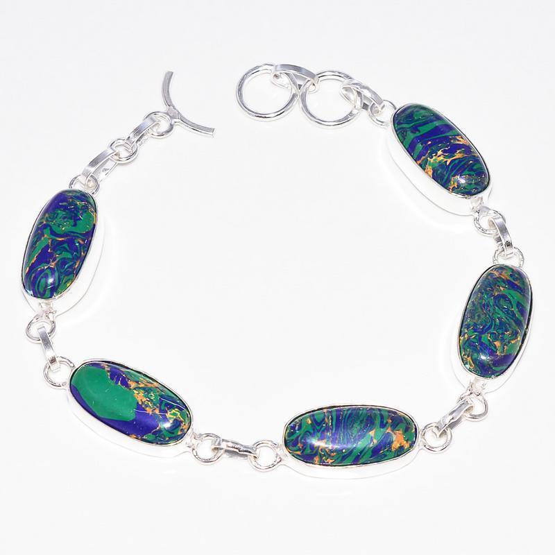 Natural Green Azurite Malachite Chrysocolla 925 Silver Tennis Bracelet Exporter