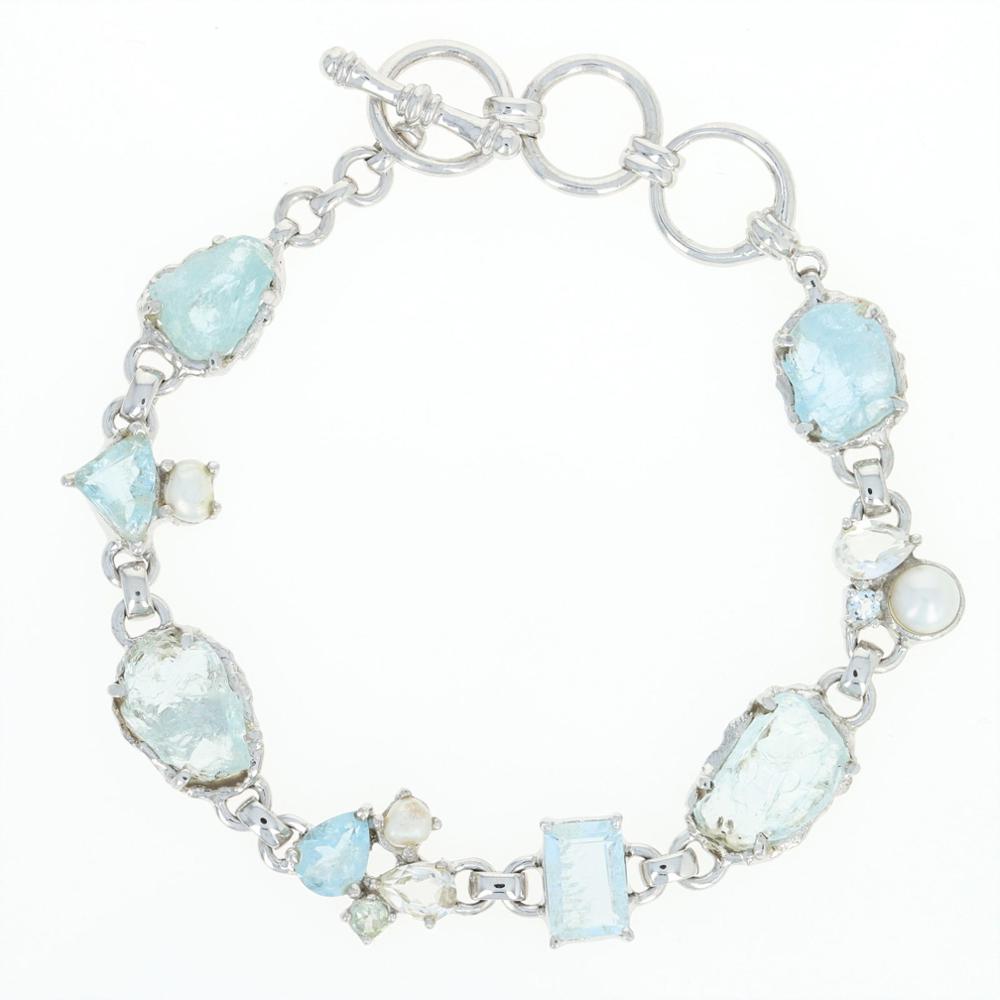Aquamarine & Freshwater Pearl Bracelet - Sterling Silver Toggle Clasp Supplier