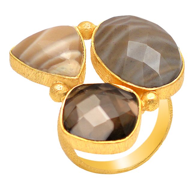 Square Smoky Quartz Gold Plated Silver Three Stone Ring Wholesaler