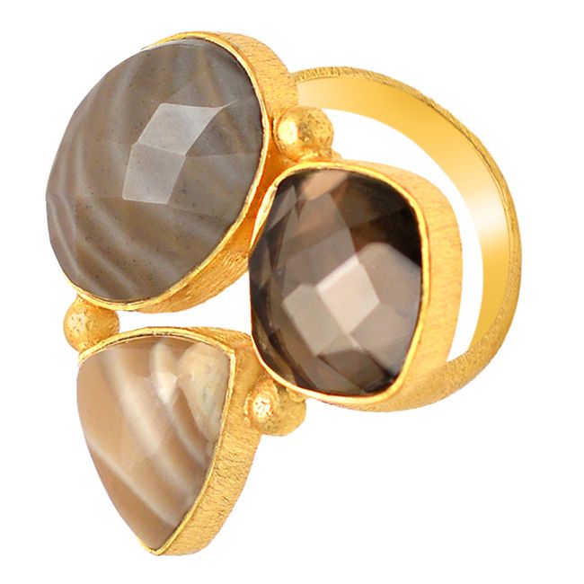 Square Smoky Quartz Gold Plated Silver Three Stone Ring Wholesaler