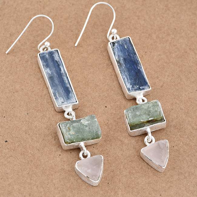 Green Kyanite Rose Quartz Rough Ear wire Dangle Earrings Wholesaler