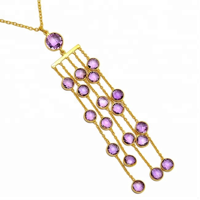 Gold Plated Silver Amethyst Dangling Chain Necklace Supplier